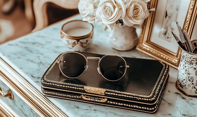 Round sunglasses on leather case, marble table with roses, vintage decor.