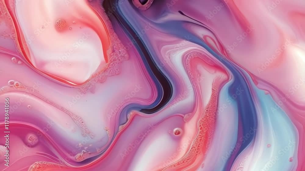 Poster Harmonious interweaving of lines in soft pink, blue and red colors in digital animation. Wavy, swirling shapes are layered to create depth and a sense of motion