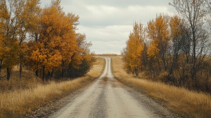 Naklejka premium Serene Autumn Road, tranquil rural path shaded by colorful trees, vibrant foliage creating a peaceful natural corridor