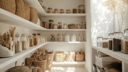 A bright pantry with white shelving, glass jars of spices and grains, and woven baskets, creating a serene and minimalist storage space.