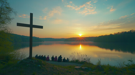 An Easter Sunday sunrise by the lake, with a wooden cross on a hill and the first light reflecting on the water. A small group of people gathers in silent prayer, symbolizing resurrection and renewal