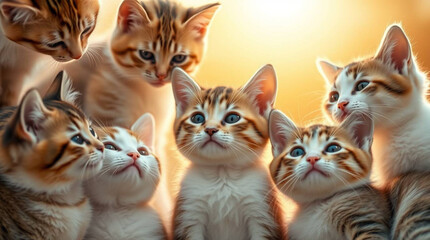 a group of curious cats stand in a circle and look down