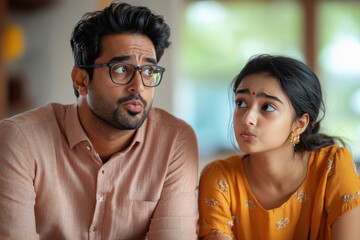 Naklejka premium young indian couple sitting with confused expression