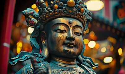 Obraz premium Serene statue in vibrant temple, spiritual atmosphere, cultural landmark, ideal for travel blogs.