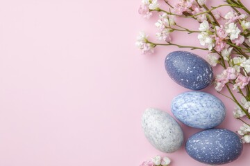Colorful Easter eggs with spring blossoms flat lay on pink background. ai generated