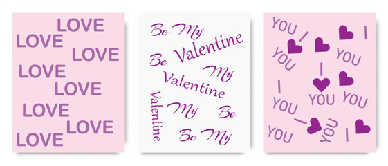 Set of Valentine’s Day cards with romantic phrases and hearts, perfect for expressing love and affection.