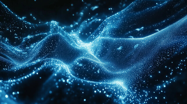 Abstract blue waves with bright particles on dark background. Modern digital banner. Empty space for text.