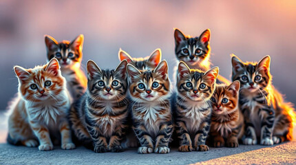 a group of curious cats stand in a circle and look down