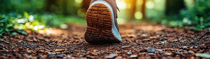 Dynamic Close-Up of Running Shoes on a Vibrant Nature Trail with Sunlit Foliage Glow