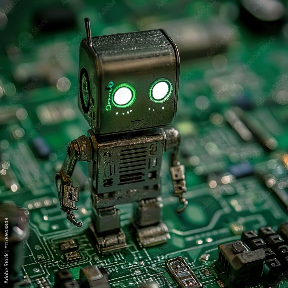 Poster small robot with glowing eyes stands on a circuit board, exploring technology.