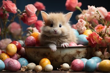 Cute rabbit surrounded by colorful Easter eggs and flowers in a festive spring setting