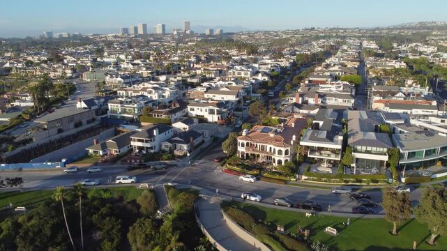 Newport Skyline, From Coast Beach, Southern California, USA. Corona Del Mar to Balboa, Costa Mesa, Santa Ana, Huntington Beach. Balboa Peninsula and Island. Newport Bay Harbour, Yacht Club. Viewpoint