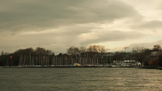 Establishing shot of Morges port with lake Geneva in Canton of Vaud Switzerland
