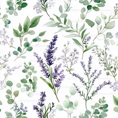 Watercolor Botanical Pattern with Lavender and Eucalyptus