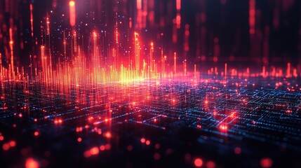 Abstract digital visualization of data streams with vibrant red and blue colors.