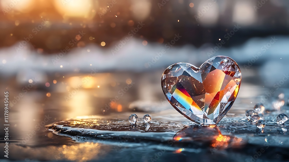 Poster captivating heart shaped crystal ornaments reflecting a dazzling array of rainbow lights on the froz