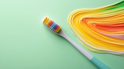 Single toothbrush with colorful toothpaste swirled on bristles, centered on a light green background.
