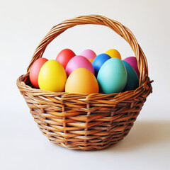 Colorful eggs arranged in a woven basket for spring celebrations and traditions
