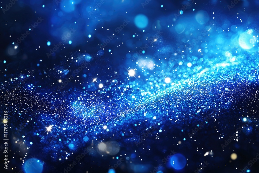 Poster sparkling blue glitter wave on dark background with bokeh effect.