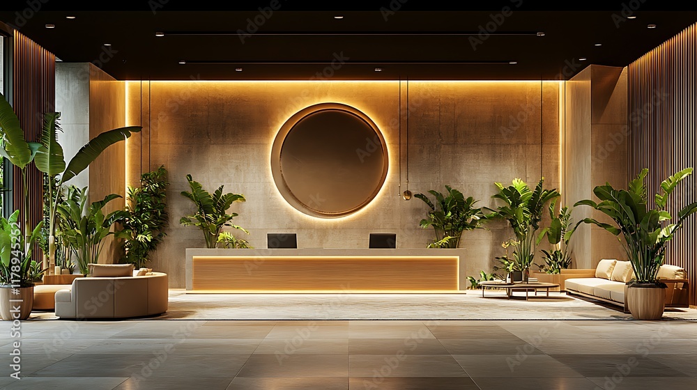Poster serene and calming office space with soft flowing visuals and natural elements like plants and warm 