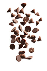 Obraz premium Delicious chocolate chips falling on transparent background, isolated png cutout for beverage, confectionery, sweet, dessert, baking design