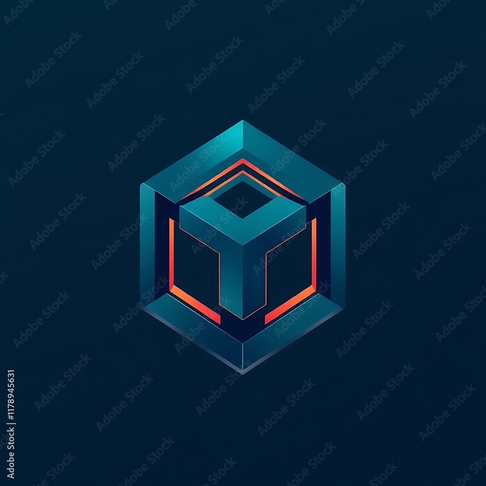 Poster abstract 3d cube: a captivating, minimalist design featuring a metallic blue cube with a glowing ora