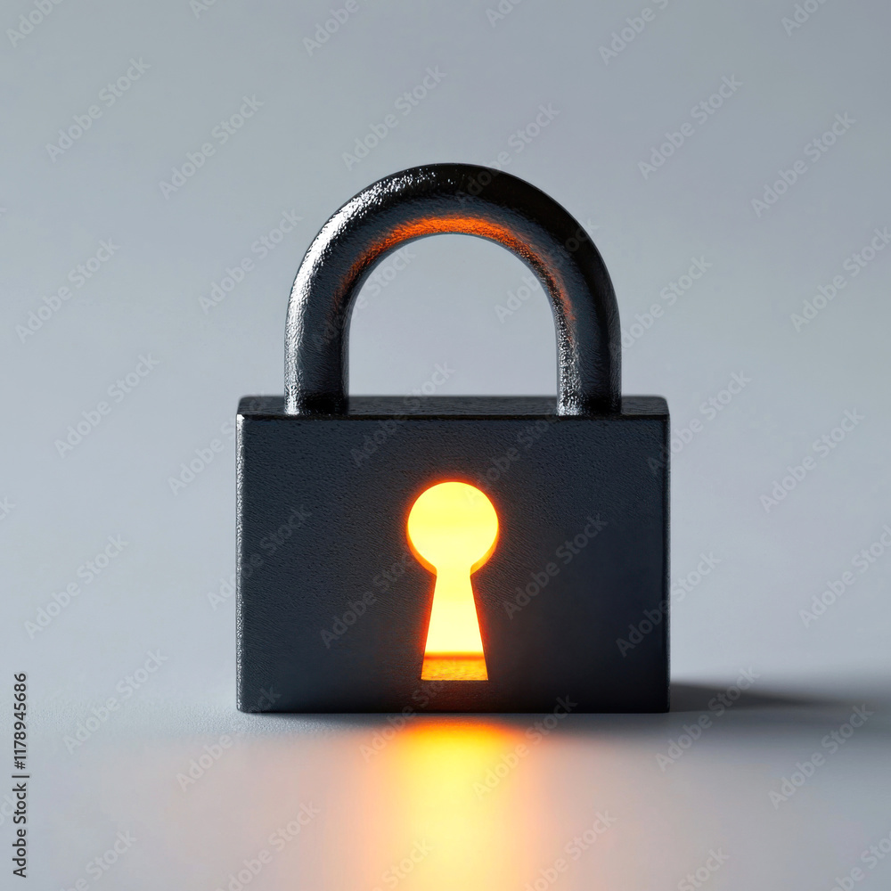 Poster concept of security and privacy symbolized by a glowing padlock on a textured surface