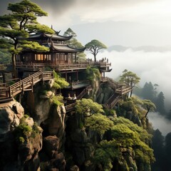 Fototapeta premium A Serene Chinese Architectural Design Carved Into the Mountain Rocks