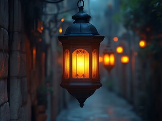 Glowing lantern in dark alleyway.
