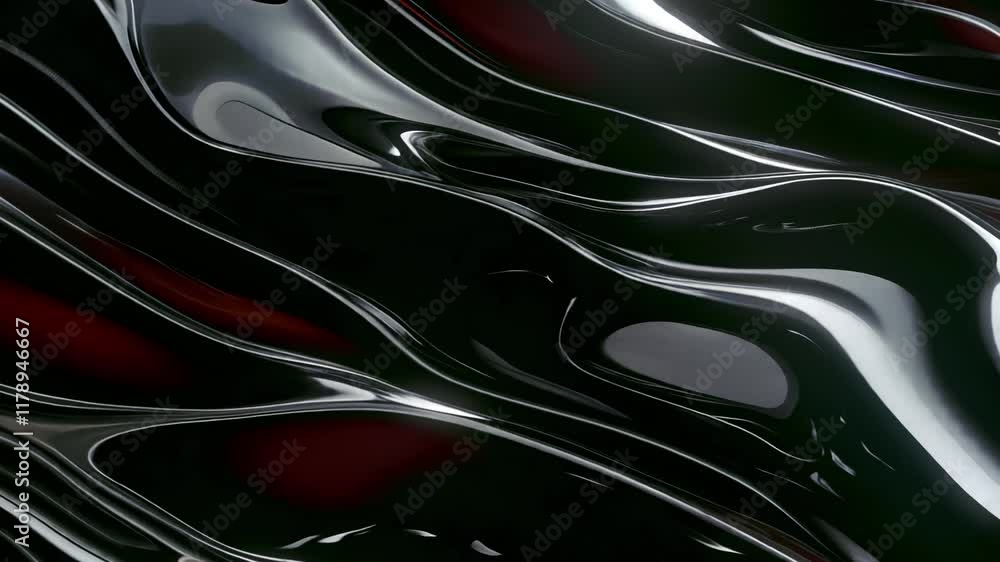 Fototapete Smooth black waves with soft shadows moving across the screen. Red light accents between the waves give the animation a sensual dynamic and volume