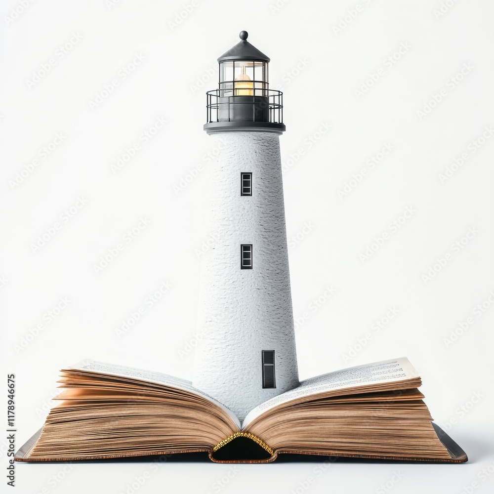 Poster lighthouse emerging from an open book to symbolize knowledge and guidance in a creative environment