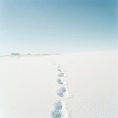 Snow-covered landscape with footprints leading into the distance during bright daylight