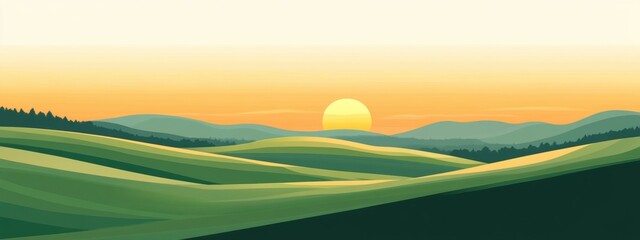 Obraz premium Serene countryside landscape with rolling hills, warm hues of a setting sun, peaceful and tranquil atmosphere, inviting escape into nature