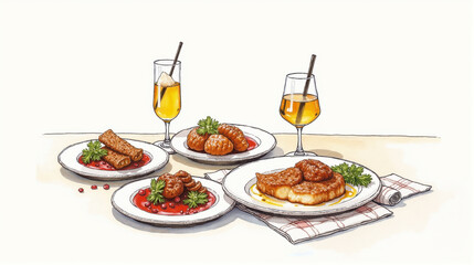 Gourmet meal with various dishes and refreshing beverages presented elegantly on a dining table