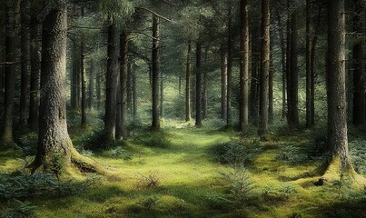 Obraz premium Sunlit mossy path through a tranquil, dark pine forest.