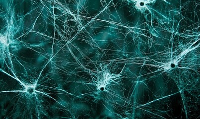 Teal spiderweb network on dark background, ideal for science or Halloween projects.