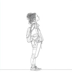 Naklejka premium Side Profile of a Girl with Backpack: Minimalist Line Drawing, Fashion Illustration, Stylish and Trendy Outfit, Contemplative Pose