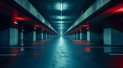 Fototapeta premium Spacious Modern Underground Car Parking Area With Concrete Structure, Bright Lighting. Generative AI