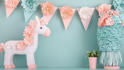 Happy birthday bunting themed, Delicate pastel decorations with unicorn and pinata create festive atmosphere