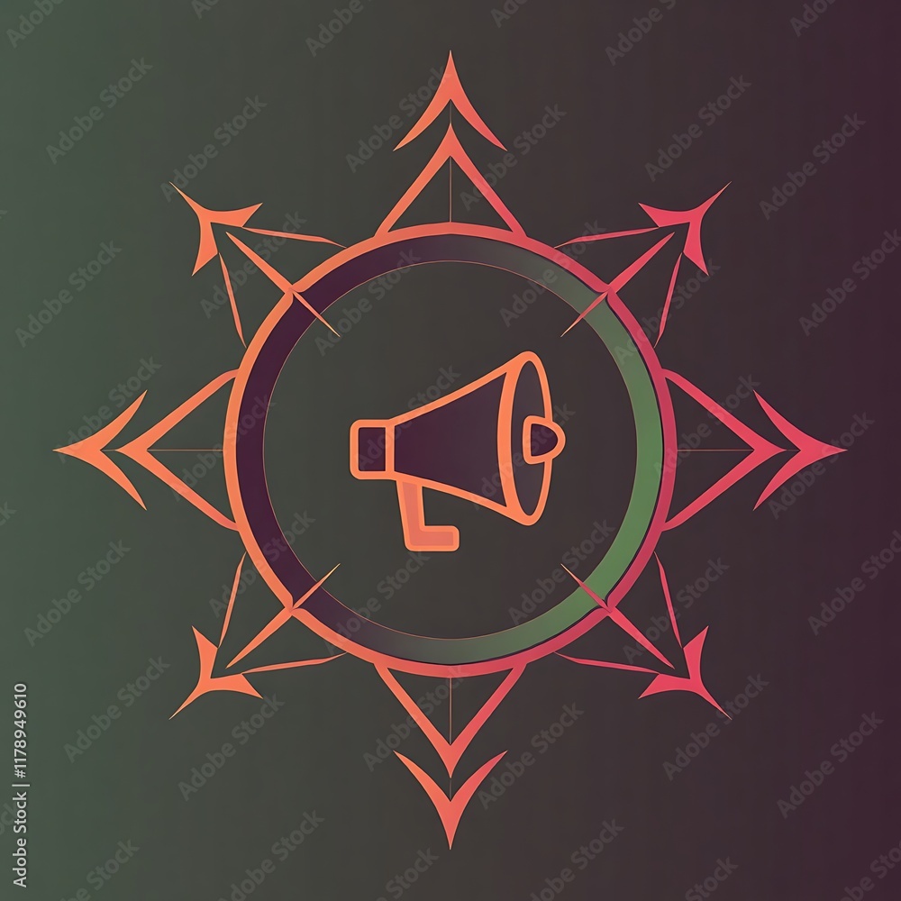 Poster abstract megaphone: a modern, stylish abstract graphic of a megaphone within a circular frame, surro