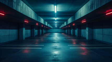 Fototapeta premium Spacious Modern Underground Car Parking Area With Concrete Structure, Bright Lighting. Generative AI