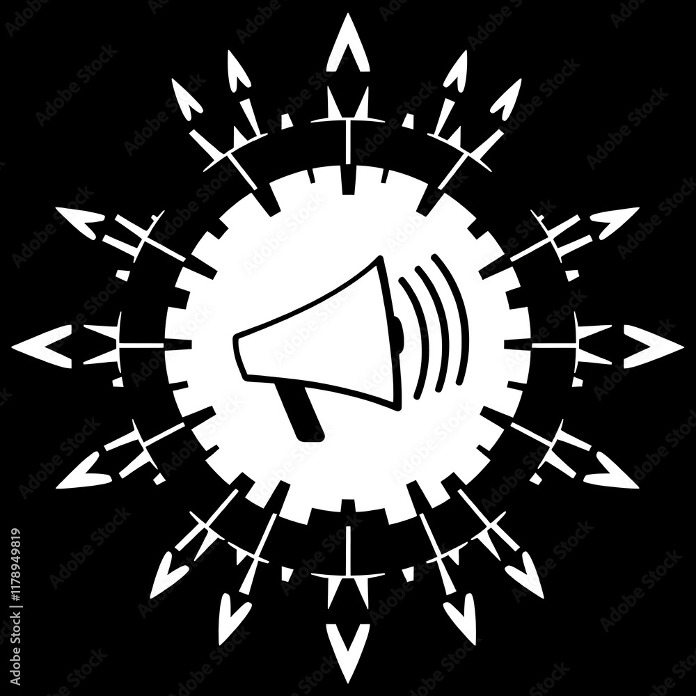 Poster amplify your message: a bold, graphic representation of a megaphone within a circular frame of radia