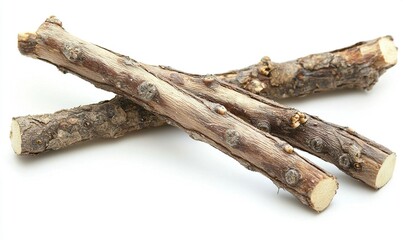Fototapeta premium Two crossed twigs on white background, potential tool or kindling.