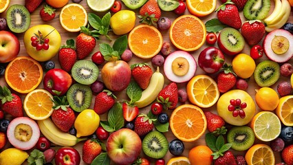 Colorful fruit pattern with various fruits such as apples, oranges, bananas, and strawberries, pattern,fruit, colorful