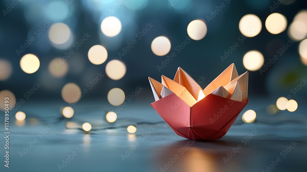 Poster delicate heart shaped origami sculpture glowing with an intricate interplay of vibrant red and shimm