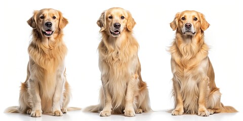 Collage of golden Retriever dog with front, side and back view. Isolated over background, golden Retriever, dog, collage