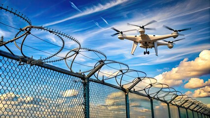 Elevated surveillance drones monitoring over security barbed wire fences, security, surveillance, drones