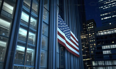 US flag on skyscraper at night, downtown cityscape backdrop, patriotic theme.