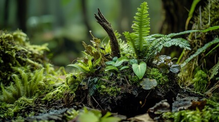 Intricate ecosystem closeup forest floor nature photography lush environment macro view biodiversity concept