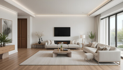 Fototapeta premium Modern living room with minimalist design, featuring neutral tones, large windows, and sleek furniture. The space is bright and airy, with a focus on simplicity and elegance.